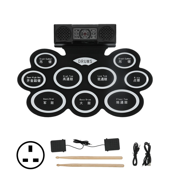 Electronic Drum Pad Set Roll Up Foldable Kit with 2 Speakers Battery 100‑240V DM10UK Plug