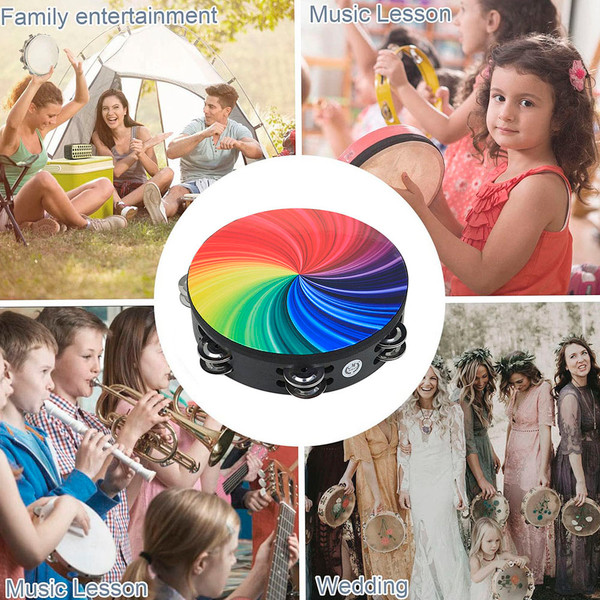 8 Inch Rainbow Tambourine Wooden Handbell Early Education Percussion Instrument with Double Row Jingles for Children Boys Girls