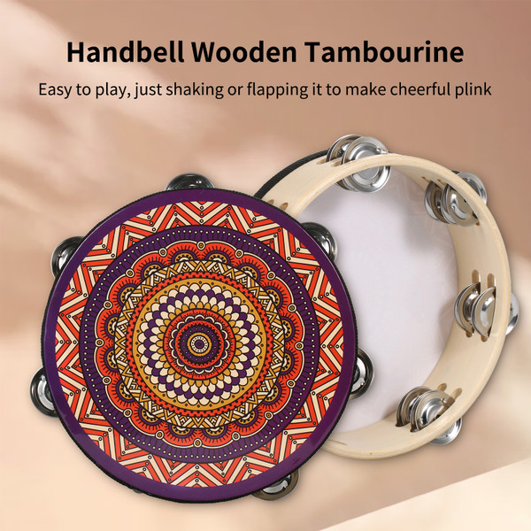 8 Inch Wooden Tambourine Handbell Hand Drum with Double Row 12pcs Metal Cymbals Jingles Musical Percussion Instrument for Kids Games Adults Apply to Church KTV Party