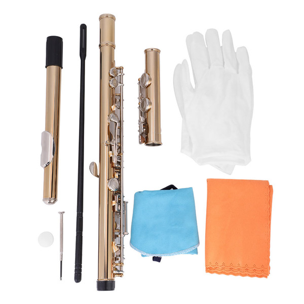 LADE Gold Plated 16 Hole C Brass Flute Kit Storage Case Cleaning Rod Grease