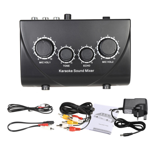 Portable Karaoke Sound Audio Stereo Sound Mixer Dual Microphone Inputs With RCA Cable Power Adapter for TV PC Smartphone Amplifier