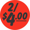 2/$4.00 Price Label 1.25 IN Black Fluorescent Red Circle 1000 Count/Roll 50 Rolls/Case 50000 Count/Case