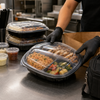 Take-Out Container Hinged With Dome Lid 10X10X3 IN 3 Compartment PP Black Clear Square 148/Case