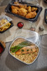 Take-Out Container Base & Lid Combo With Dome Lid Small (SM) 46 OZ Aluminum OPS Black Silver Clear Oblong 50/Case
