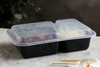 Take-Out Container Base & Lid Combo With Dome Lid 30 OZ 2 Compartment PP Black Clear Rectangle 150/Case