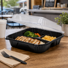 Take-Out Container Hinged With Dome Lid 9.25X9.125X3 IN 3 Compartment PP Black Clear Square 150/Case