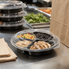 Take-Out Container Base & Lid Combo With Dome Lid 39 OZ 3 Compartment Plastic Black Clear Round 150/Case