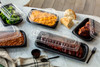 Full Slab Rib Take-Out Container Base & Lid Combo With Dome Lid 41.9 OZ MFPP OPS Black Clear Rectangle Anti-Fog 80/Case