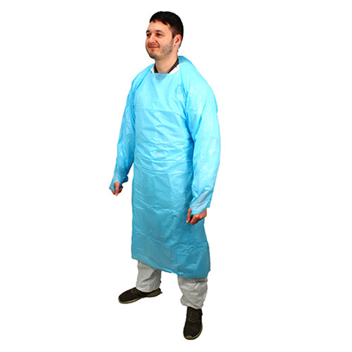 General Purpose Apron XL 35X48 IN Blue 4.5MIL PE Disposable Thumb Hole Sleeves Waist Ties 100/Case