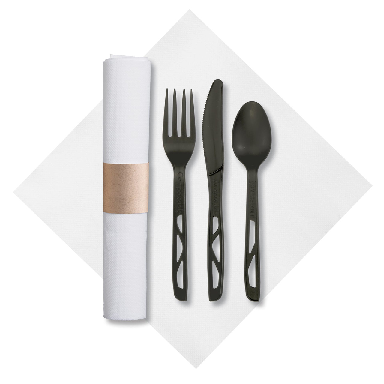 CaterWrap® 4PC Cutlery Kit Black Individually Wrapped With White Napkin,Fork,Knife,Spoon 50/Case
