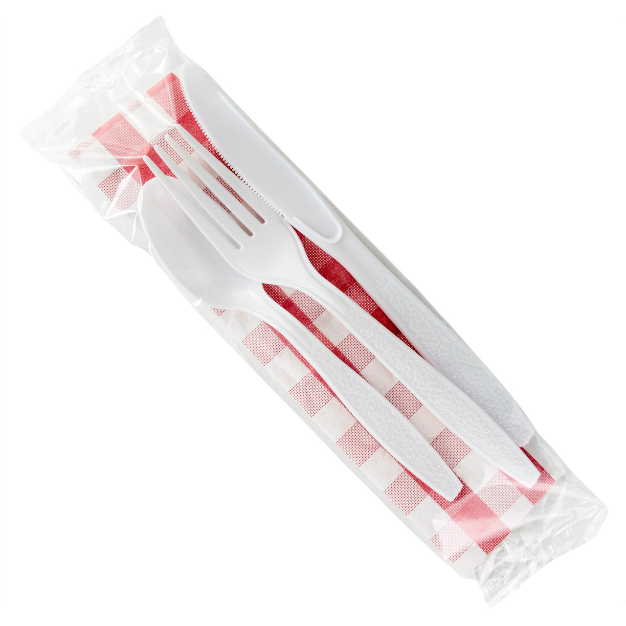 4PC Cutlery Kit White With Red Gingham Napkin,Knife,Fork,Spoon 250/Case