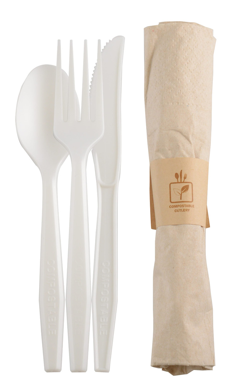 Conserveware 4PC Cutlery Kit CPLA White With Kraft Napkin,Fork,Spoon,Knife 100/Case