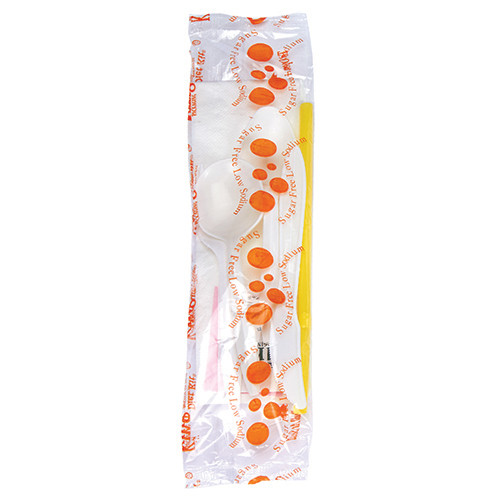 WNA 8PC Cutlery Kit Orange With Napkin,Flex Straw,Fork,Knife,Pepper,Soup Spoon,Sugar Substitute,Teaspoon 250/Case