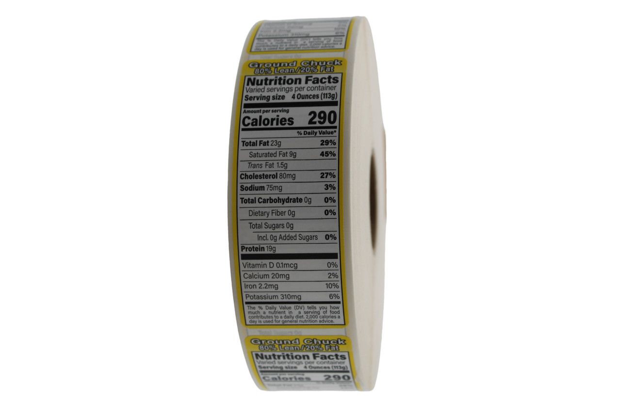 Ground Chuck 80% Lean/20% Fat Nutritional Label 1.5X4.125 IN Yellow Black UV Full Border 1000 Count/Roll 12 Rolls/Case