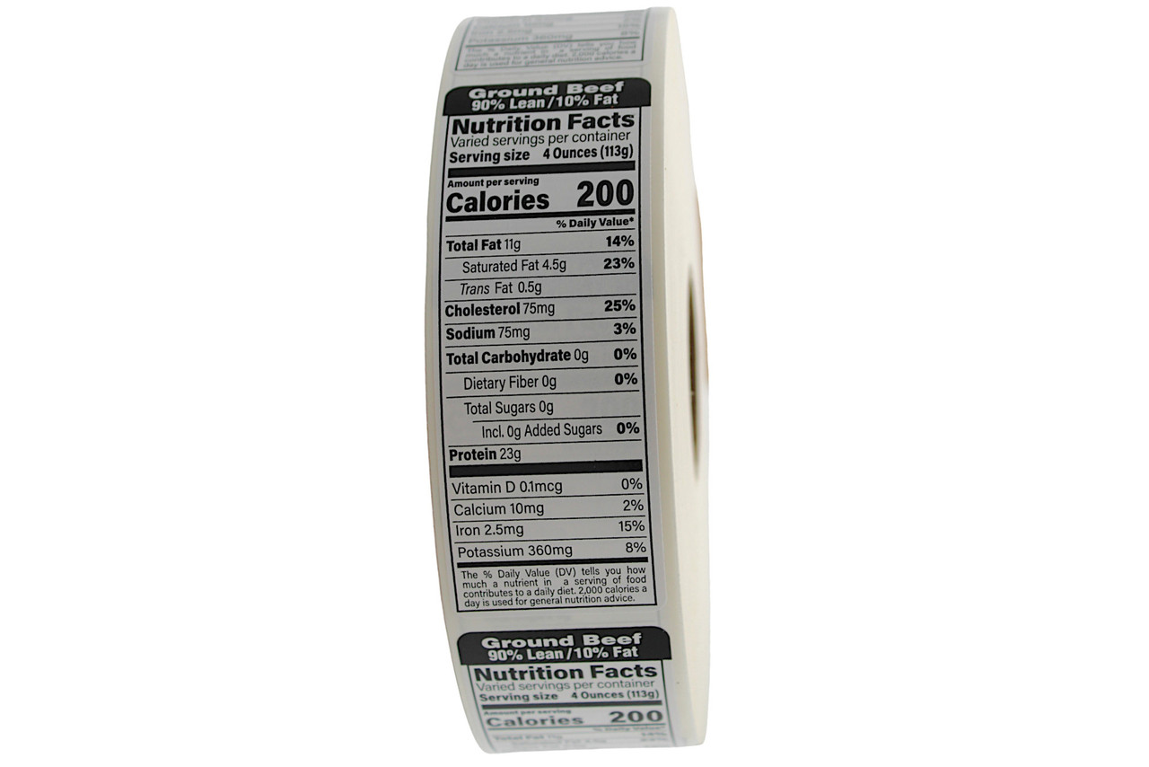 Ground Beef 90% Lean/10% Fat Meat Nutritional Label 1.5X4.125 IN Black UV 1000 Count/Roll 12 Rolls/Case 12000 Count/Case