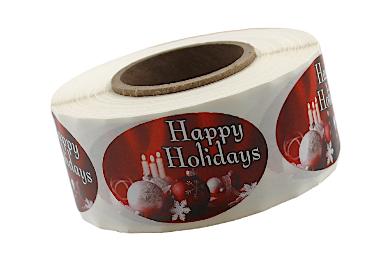 Happy Holidays Holiday Label 1.25X2 IN 4 Color With Ornaments Oval 500 Count/Roll 20 Rolls/Case 10000 Count/Case