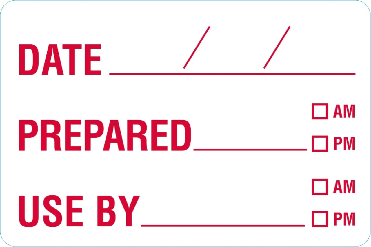 Date/Prepared/Use/Time Expiration Food Safety Label 2X3 IN Red Dissolvable 250 Count/Roll 15 Rolls/Case 3750 Count/Case