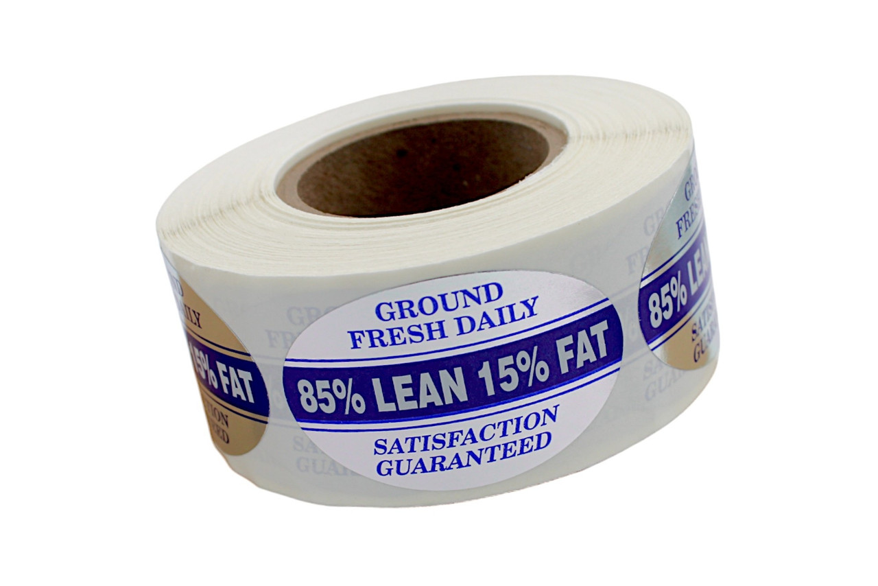 Ground Fresh 85% Lean 15% Fat Meat Grinds Label 1.25X2 IN White Blue Silver Oval Foil 500 Count/Roll 20 Rolls/Case