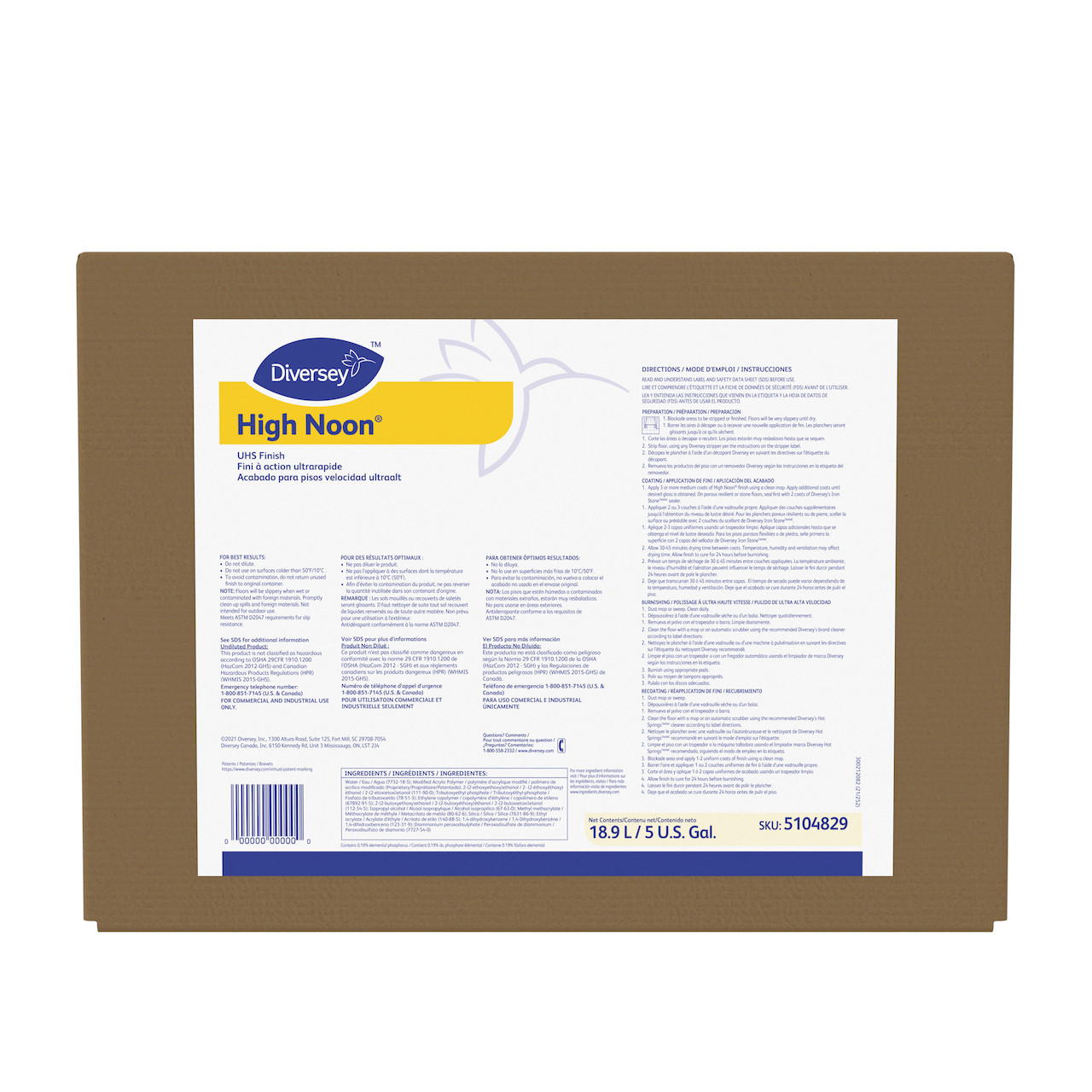 High Noon® Floor Finish 5 GAL Burnishing Liquid RTU Bag-in-Box (BIB) 20% Solids 1/Case