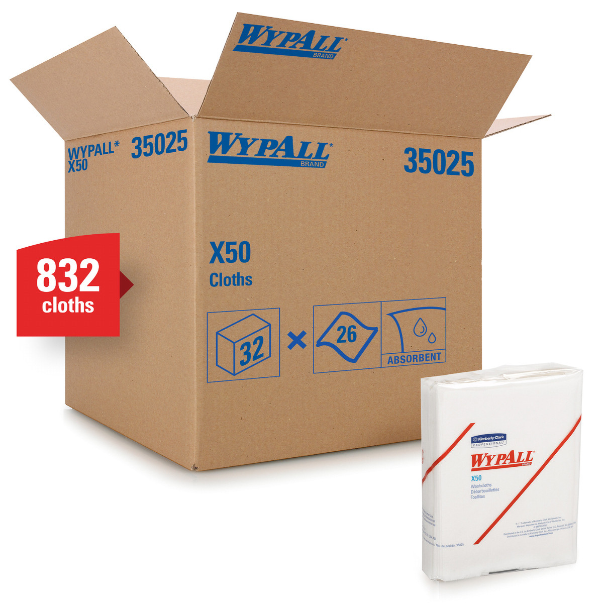WypAll® X50 Cleaning Wipe 12.5X10 IN HydroKnit White 1/4 Fold 26 Count/Pack 32 Packs/Case 832 Count/Case