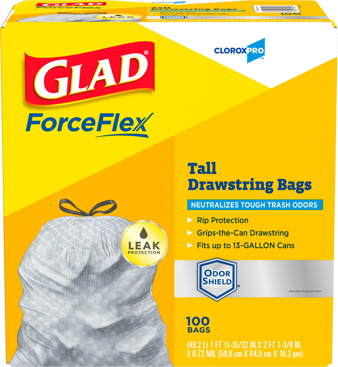 Glad® ForceFlex Can Liner 13 GAL White Plastic With Drawstring Closure Tall Kitchen 100/Case