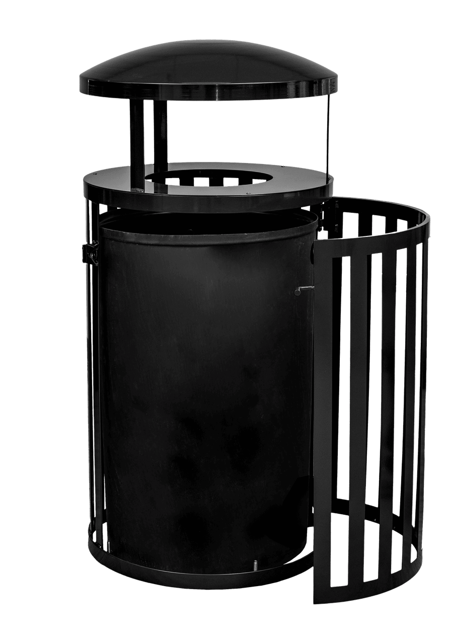 Streetscape Collection Trash Can 45 GAL Black Gloss Steel With Door & Canopy 1/Each