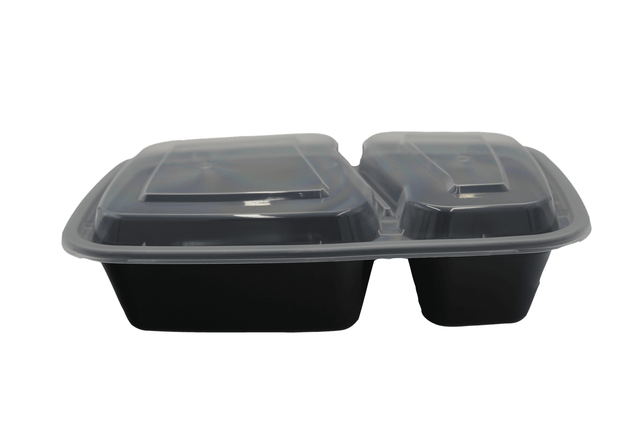 Take-Out Container Base & Lid Combo 30 OZ 2 Compartment Plastic Black Clear 150/Case