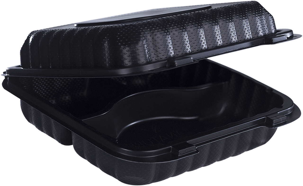 BIONATURE Take-Out Container Hinged 8X8X2.86 IN 3 Compartment MFPP Black 200/Case