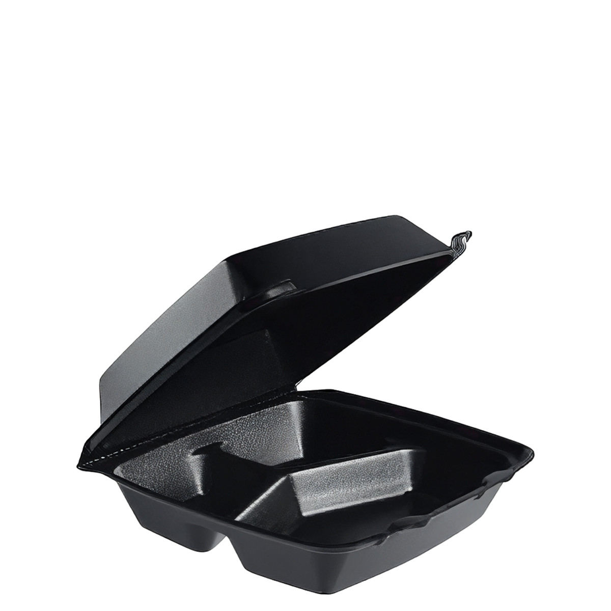 Take-Out Container Hinged Medium (MED) 8X8X3 IN 3 Compartment Foam Black 200/Case