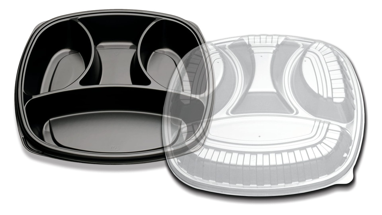 Forum® Take-Out Container Base & Lid Combo With Dome Lid 14X14 IN 4 Compartment PS Black Clear Square 25/Case