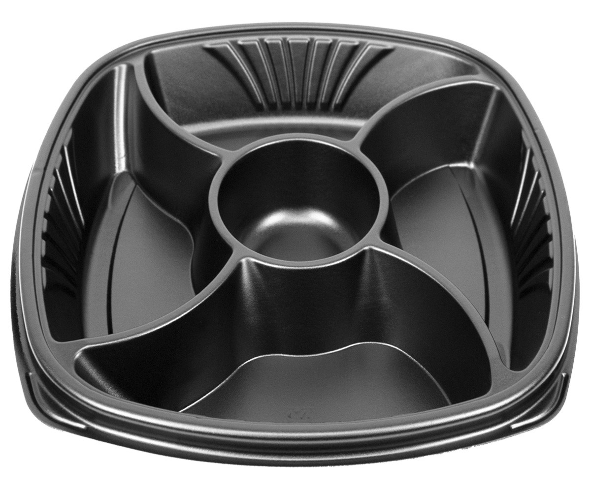 Forum® C-Fine Catering Tray Base 106 OZ 14X14 IN 4 Compartment PS Black Square Deep With Dip Cup 48/Case