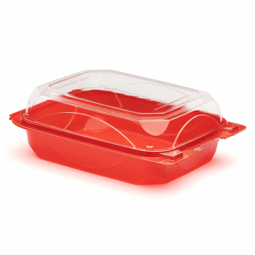 The BOTTLEBOX ® Take-Out Container Hinged With Dome Lid 8.6X6.6X2.88 IN RPET Red Clear Rectangle Long 250/Case