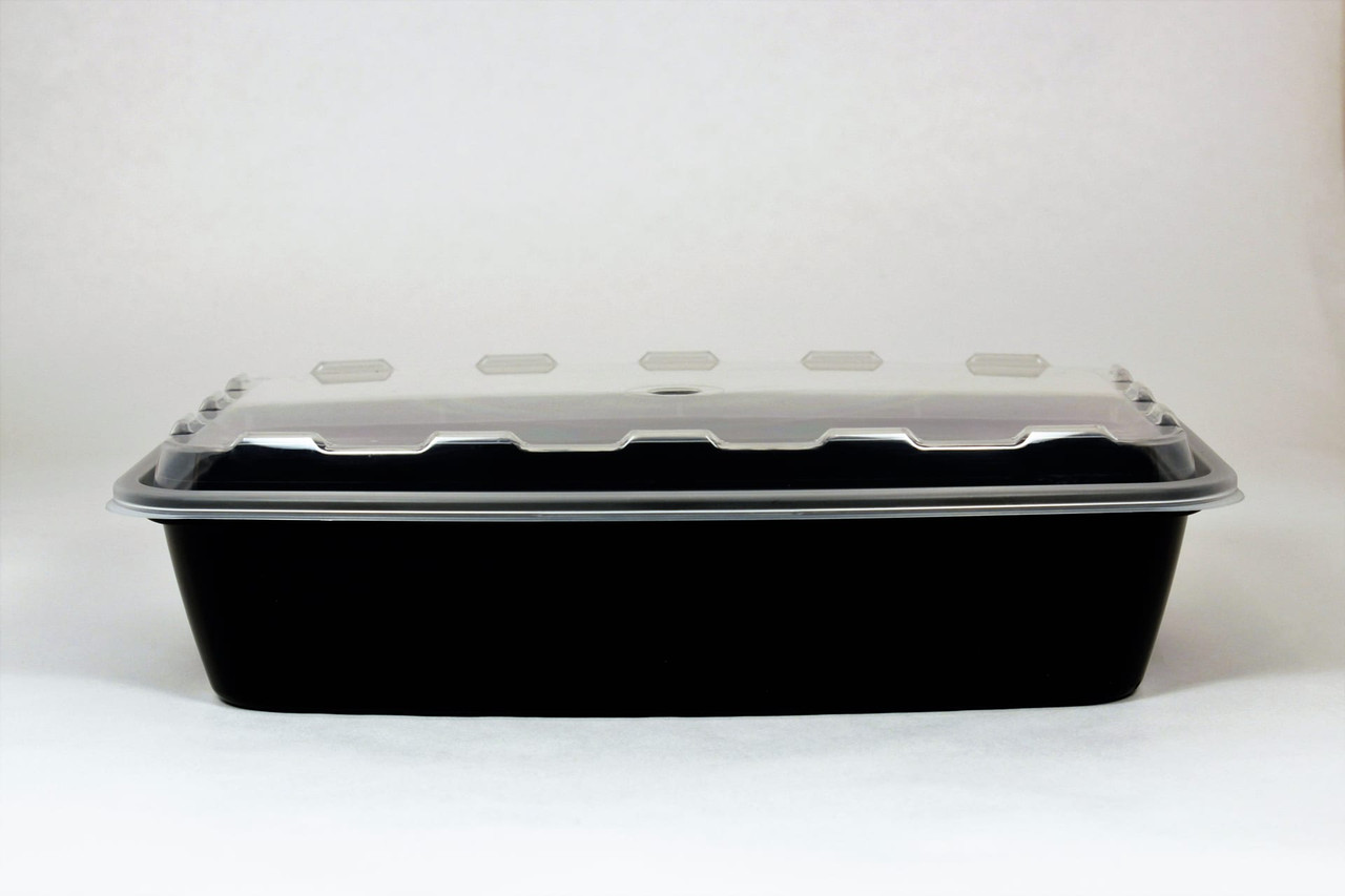 Take-Out Container Base & Lid Combo 56 OZ Plastic Black Clear Rectangle 100/Case