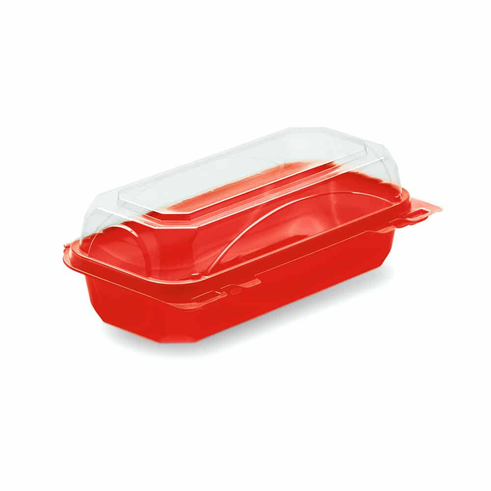 The BOTTLEBOX ® Take-Out Container Hinged 8.75X4.75X2.97 IN RPET Red Clear Rectangle 250/Case
