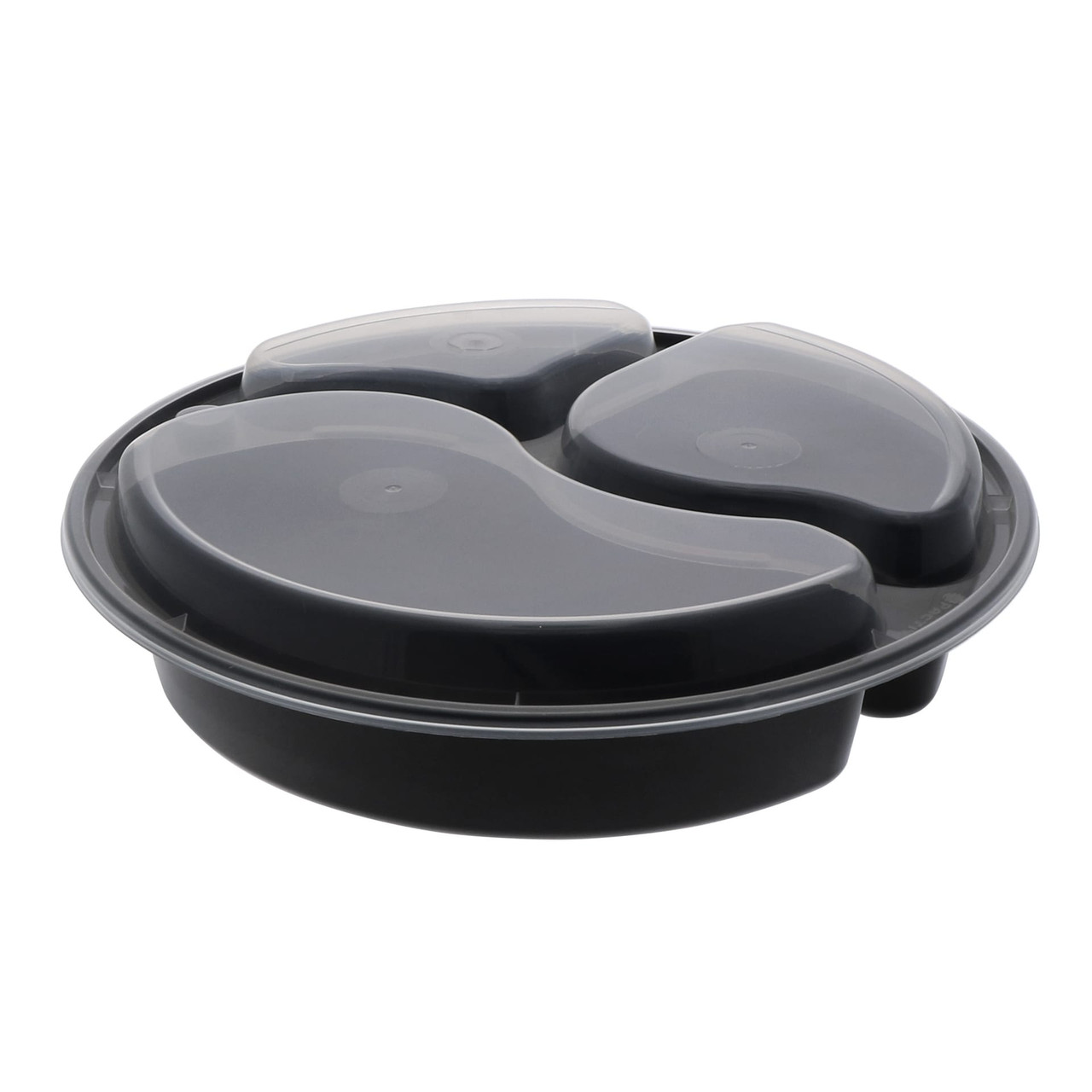 Take-Out Container Base & Lid Combo With Dome Lid 39 OZ 3 Compartment PP Black Clear Round 150/Case