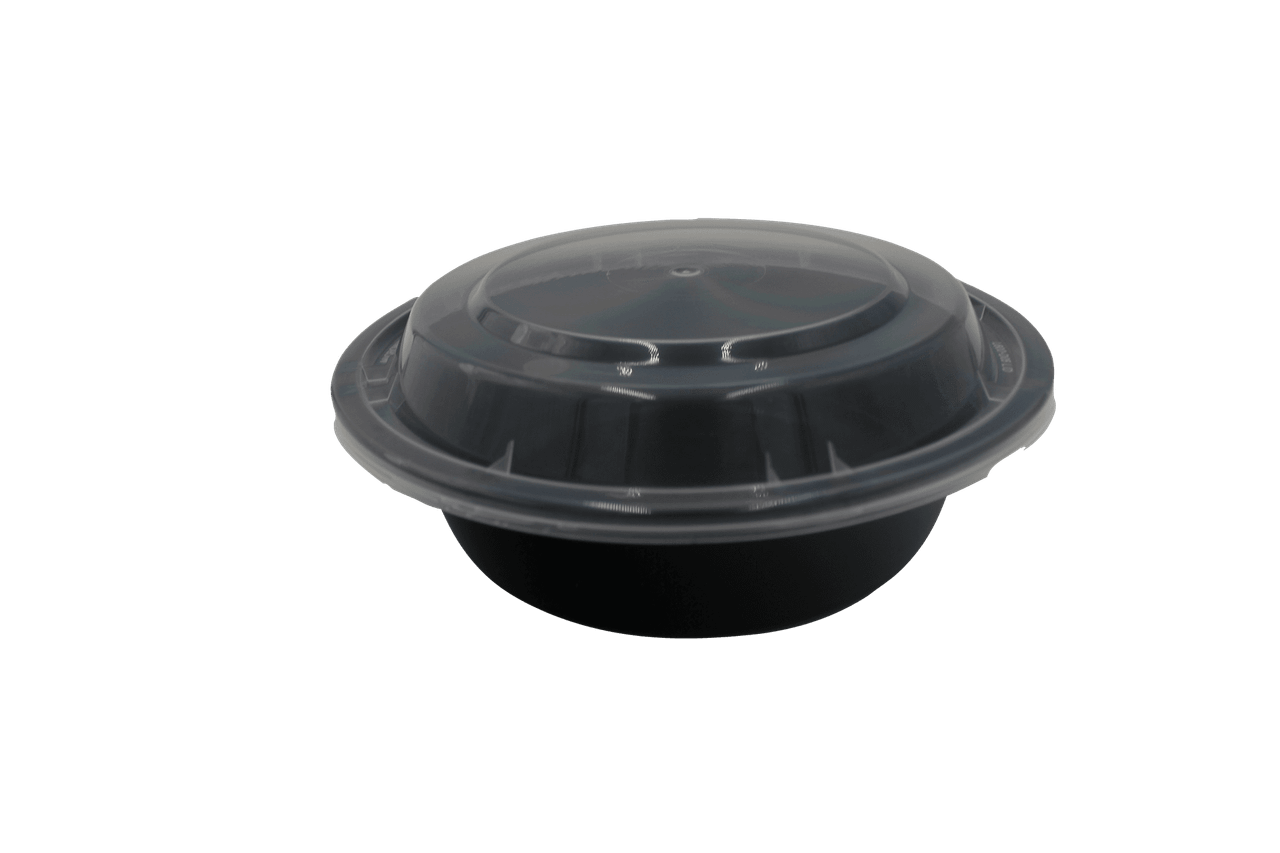 Take-Out Container Base & Lid Combo With Dome Lid 16 OZ Plastic Black Clear Round 150/Case