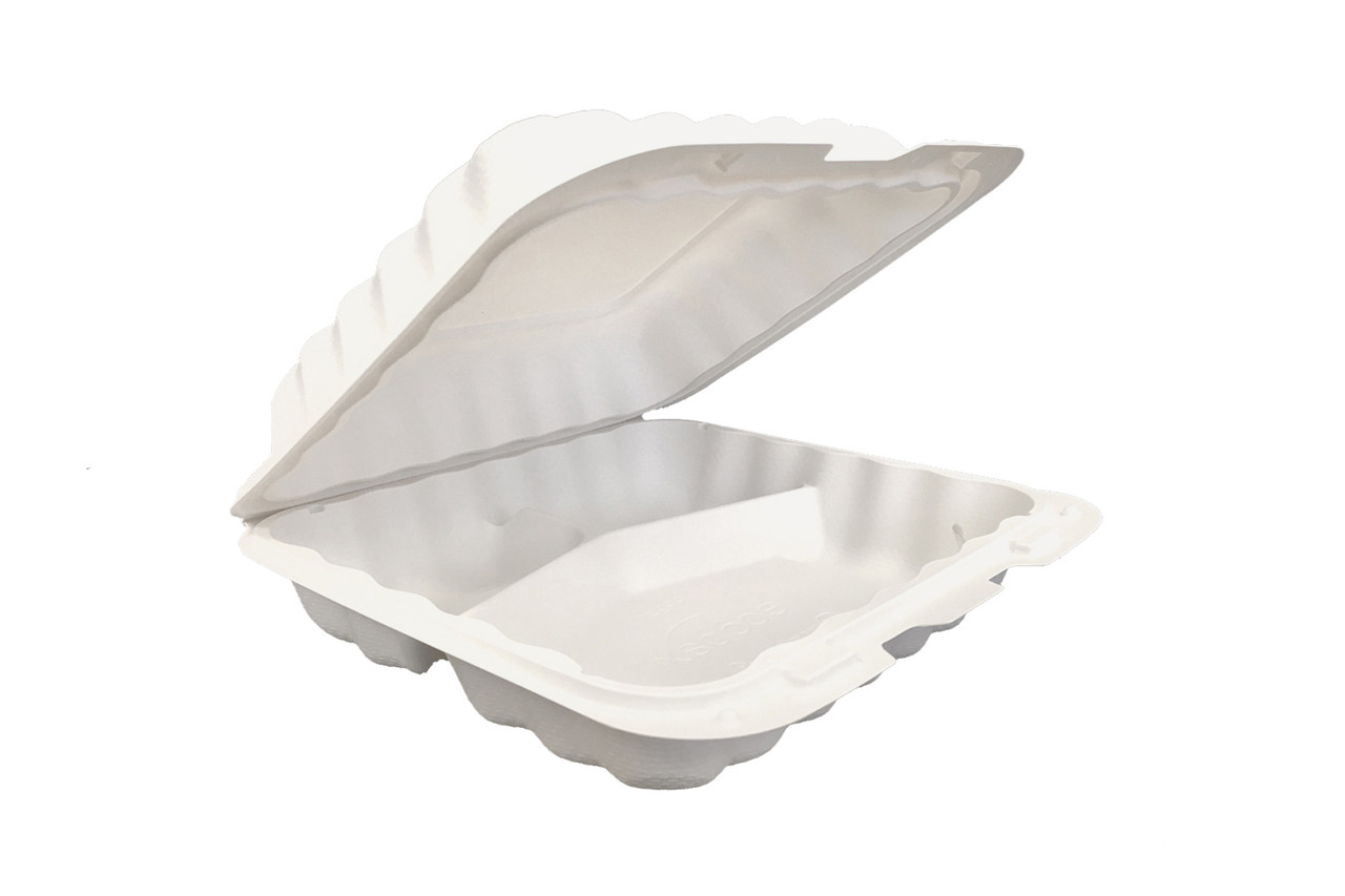 Pebble Box Take-Out Container Hinged 7.88X8X2.5 IN 3 Compartment PP White Microwave Safe Grease Resistant 150/Case