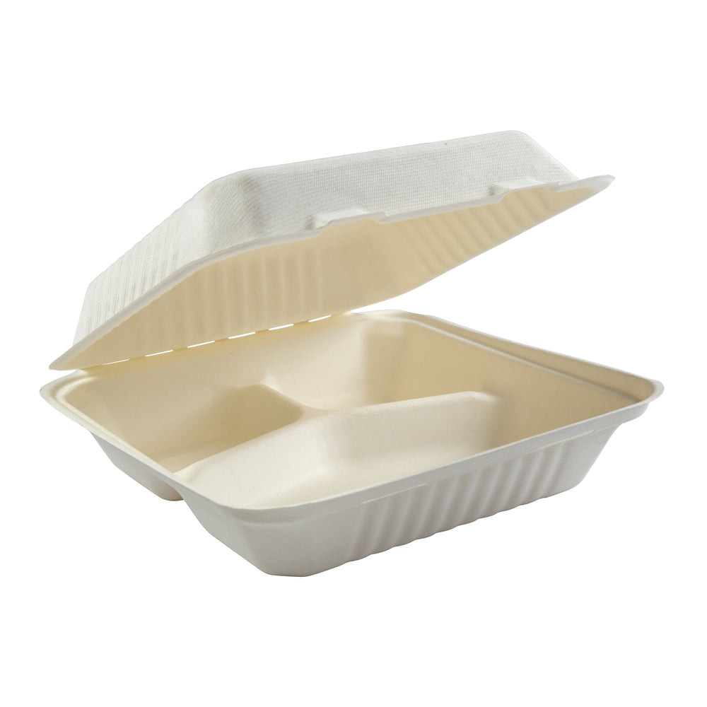 Take-Out Container Hinged 9X9 IN 3 Compartment Molded Fiber White 100 Count/Pack 2 Packs/Case 200 Count/Case