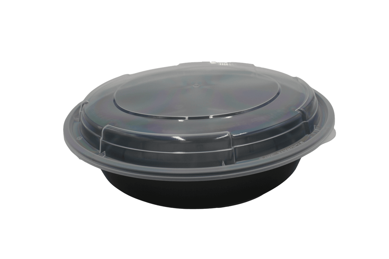 Take-Out Container Base & Lid Combo 48 OZ Plastic Black Round 150/Case