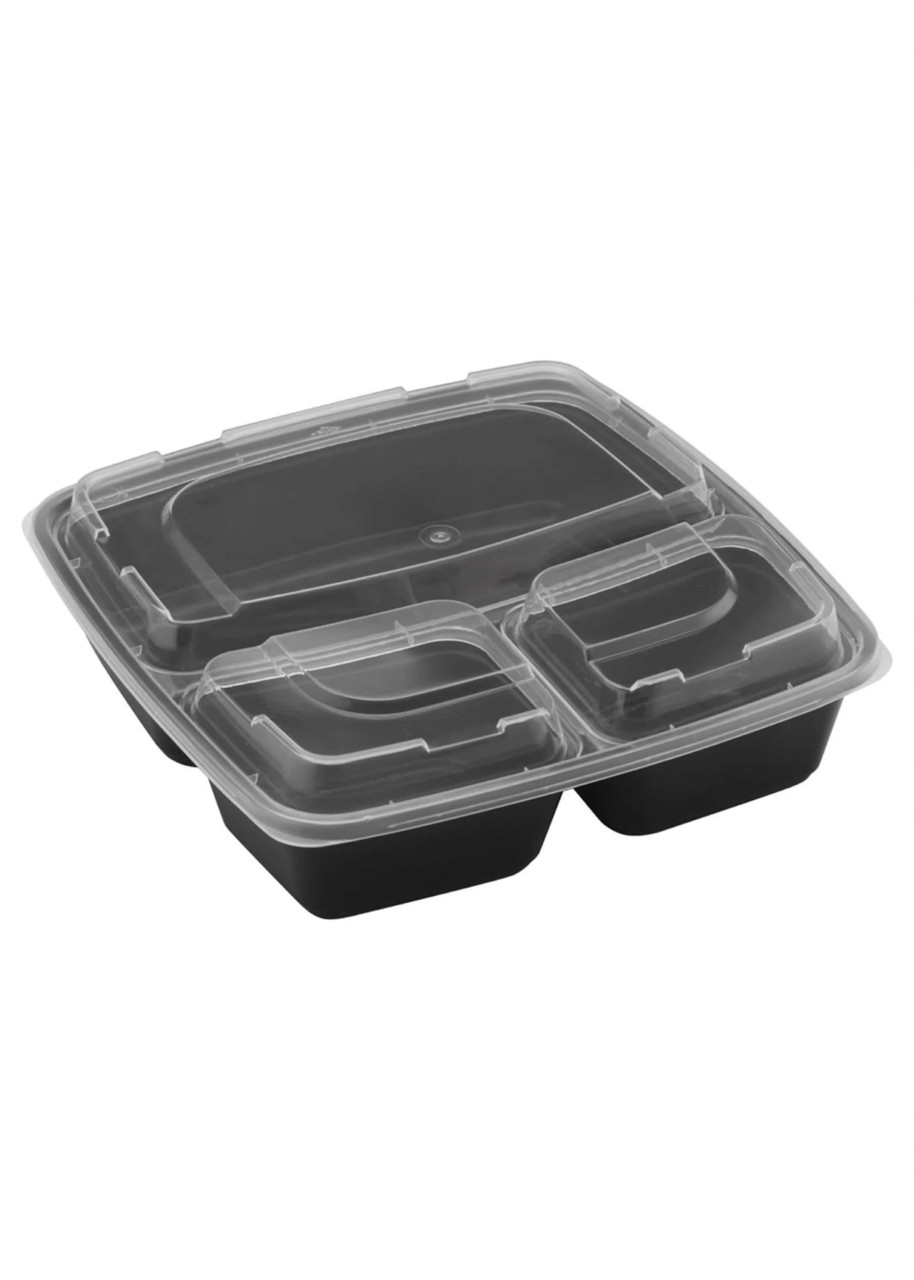 Take-Out Container Base & Lid Combo 48 OZ 3 Compartment PP Square 100/Case