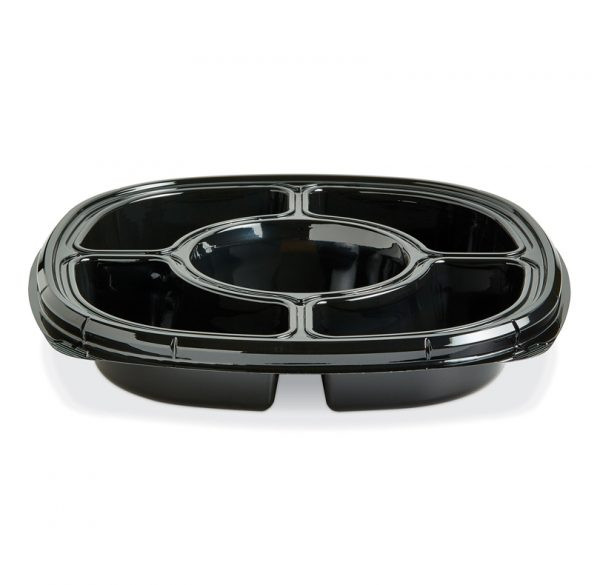 Fresh 'n Clear® Serving Tray Base 12.5X12.5X2.03 IN 5 Compartment PET Black Square 50/Case