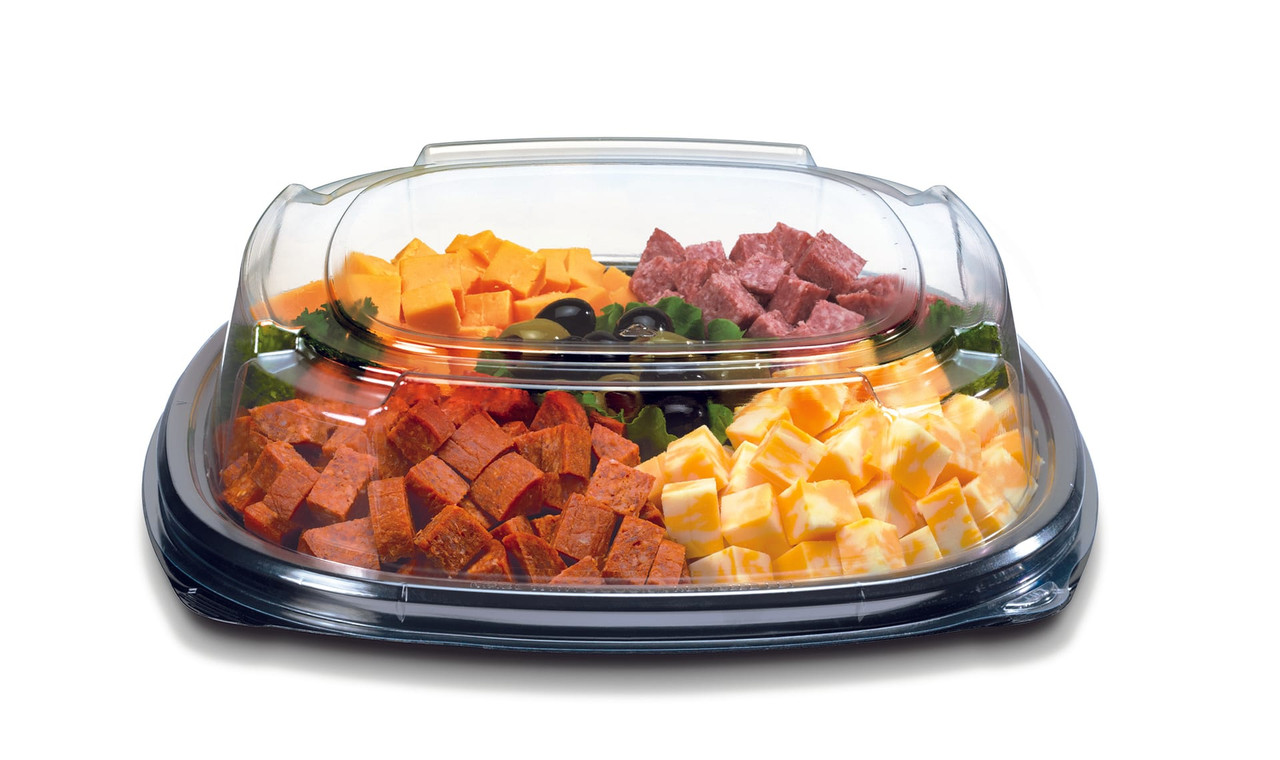 Fresh 'n Clear® Serving Tray Base & Lid Combo With High Dome Lid 12 IN PET Black Clear 25/Case