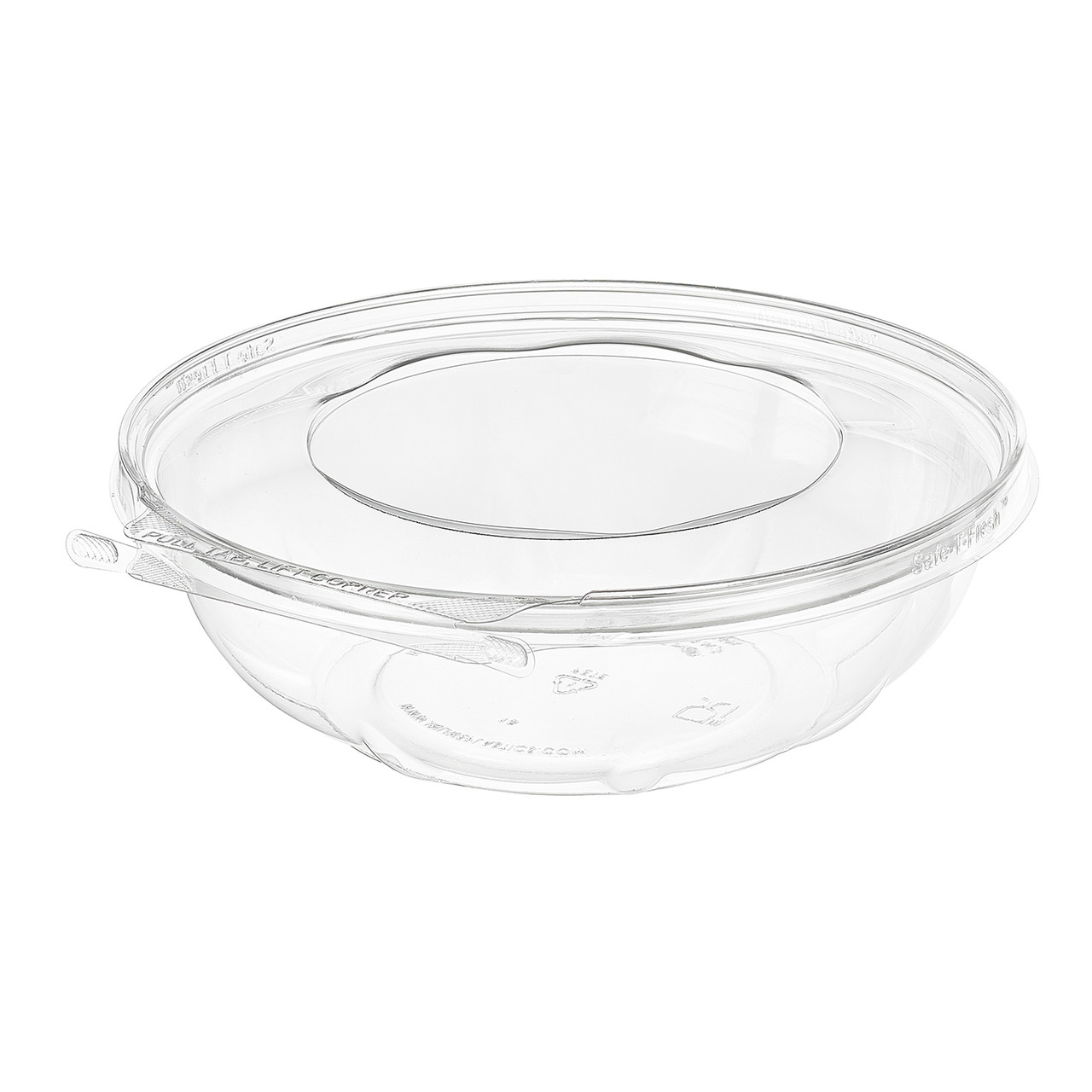 Safe-T-Fresh® Deli Container Hinged With Dome Lid 64 OZ RPET Clear Round Shallow 100/Case