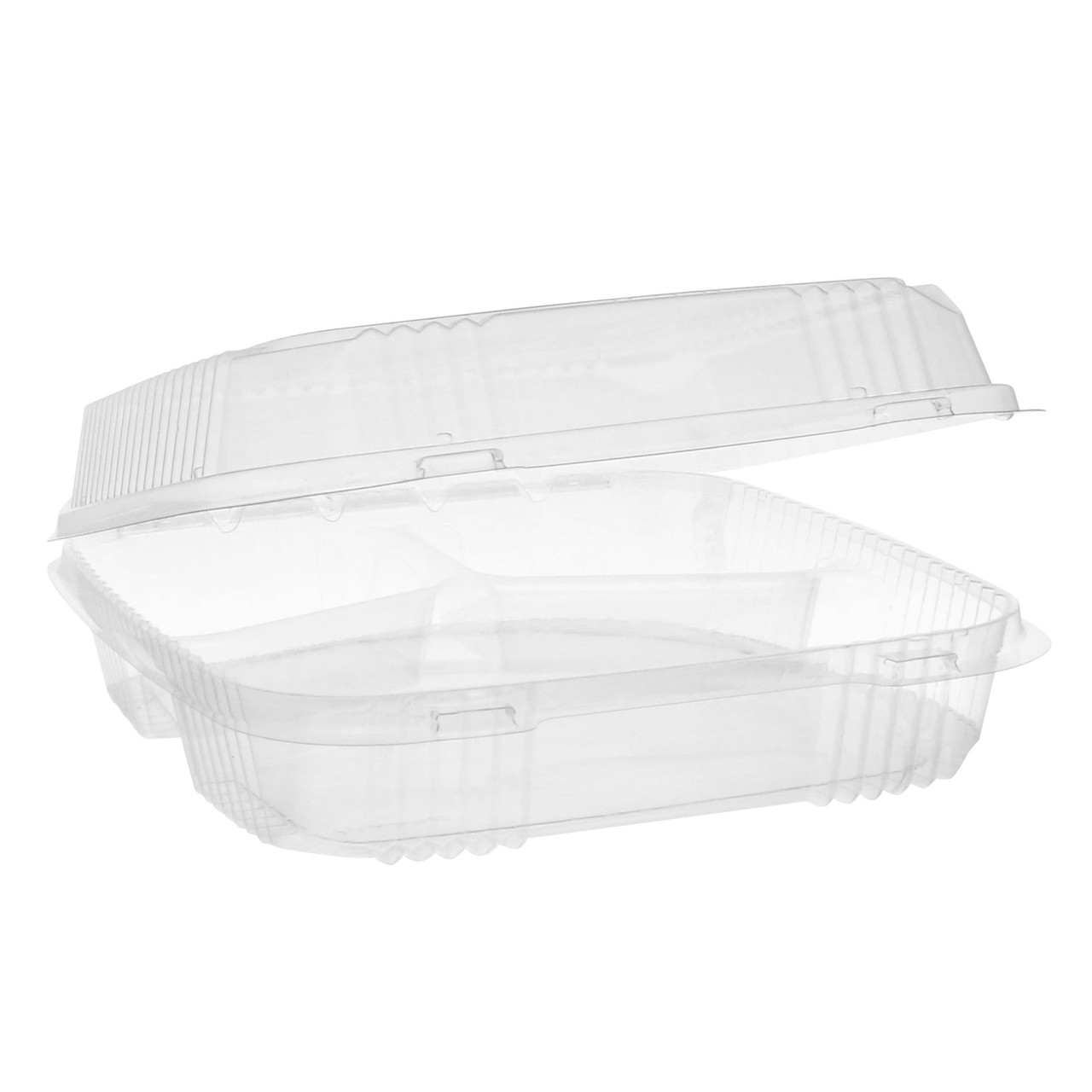 Take-Out Container Hinged Large (LG) 9.2X8.9X2.9 IN 3 Compartment OPS Clear Square 200/Case