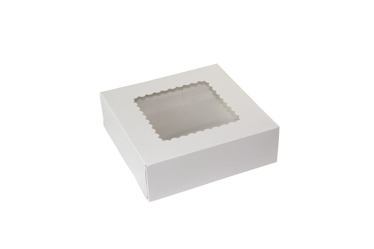 Bakery Box 8X8X2.5 IN Paperboard White 4 Corner 1-Piece Automatic With Window 250/Bundle