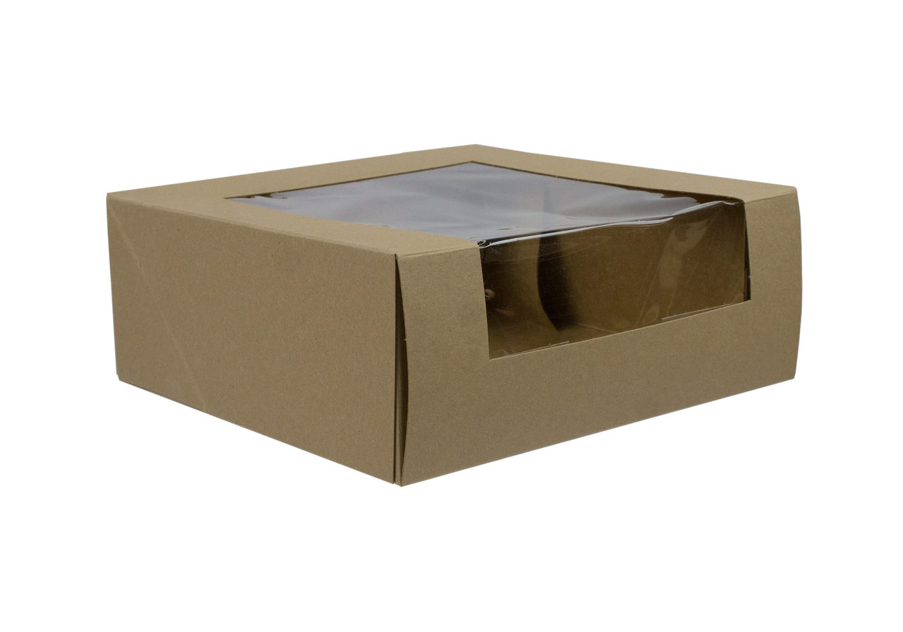 VIEWit Bakery Box 9X9X3.5 IN Kraft 4 Corner Beers Waterfall With Window 150/Case