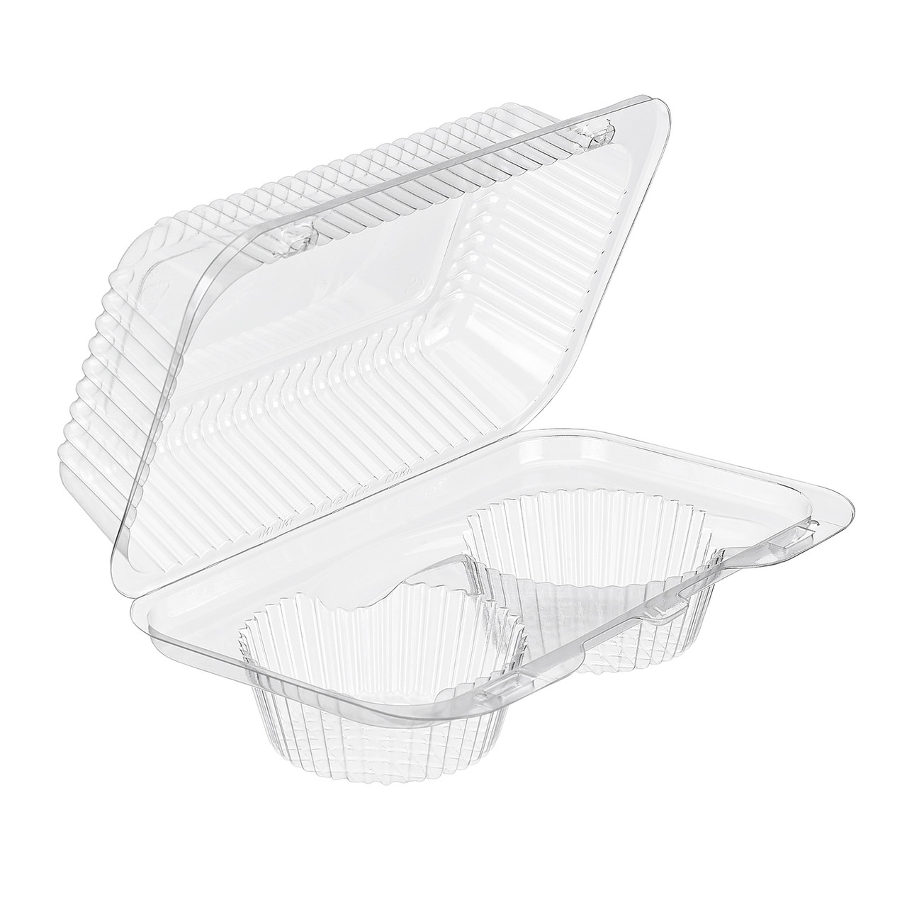 Essentials SureLock Muffin Hinged Container With Dome Lid 5.5 OZ 8.875X5.3125X3.375 IN 2 Compartment RPET Clear Rectangle 500/Case