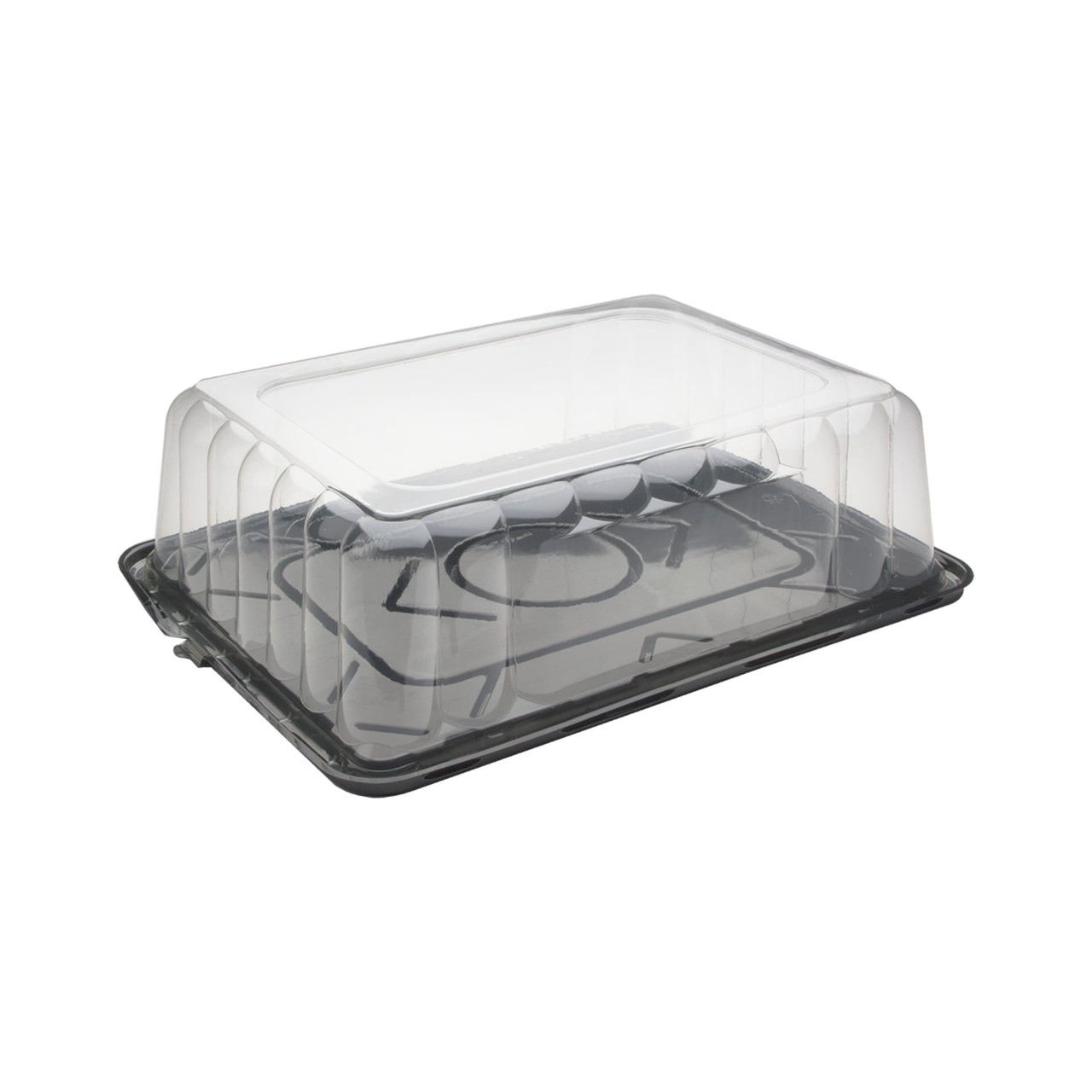 RoseDome 1/8 Sheet Cake Container & Lid Combo With Dome Lid 11X9X4.25 IN PET Clear Black Rectangle Long Tab 50/Case