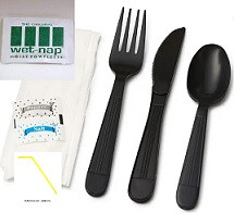 Victoria Bay 6PC Cutlery Kit PS Black Heavy Duty With Flex Straw,Fork,Knife,Soup Spoon,Teaspoon,Moist Towelette 250/Case