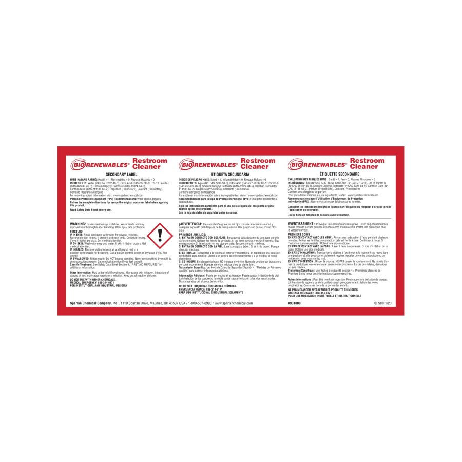 BioRenewables® Restroom Cleaner Product Label Paper 1/Each